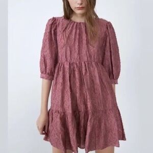 Zara Elegant Pink Puff Sleeve Lace Mini Dress